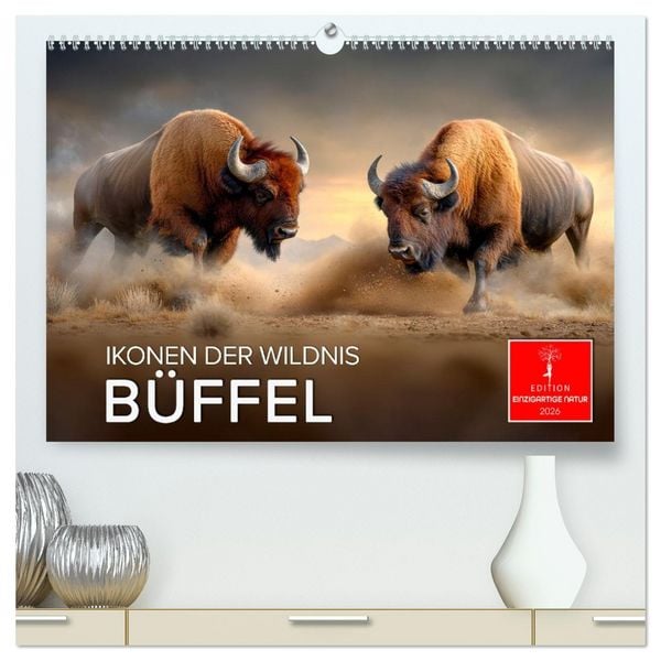 Büffel - Ikonen der Wildnis (hochwertiger Premium Wandkalender 2026 DIN A2 quer), Kunstdruck in Hochglanz