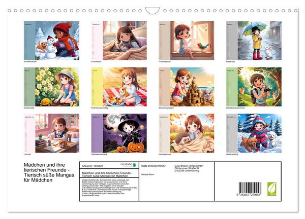 Produktbild: M&auml;dchen und ihre tierischen Freunde - Tierisch s&uuml;&szlig;e Mangas f&uuml;r M&auml;dchen (Wandkalender 2026 DIN A3 quer), CALVENDO Monatskalender