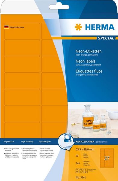 HERMA Neonetiketten permanent leuchtorange 63,5x29,6mm 20 Blatt 540 Stück