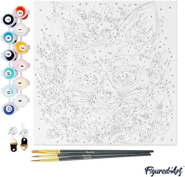 Produktbild: FiguredArt SFA109-Y - Mini Malen nach Zahlen, Fantasie Fuchs mit Blumen, Leinwand-Keilrahmen 20x20cm, DIY Bastelset, Paint by Numbers