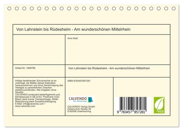Produktbild: Von Lahnstein bis R&uuml;desheim - Am wundersch&ouml;nen Mittelrhein (Tischkalender 2026 DIN A5 quer), CALVENDO Monatskalender