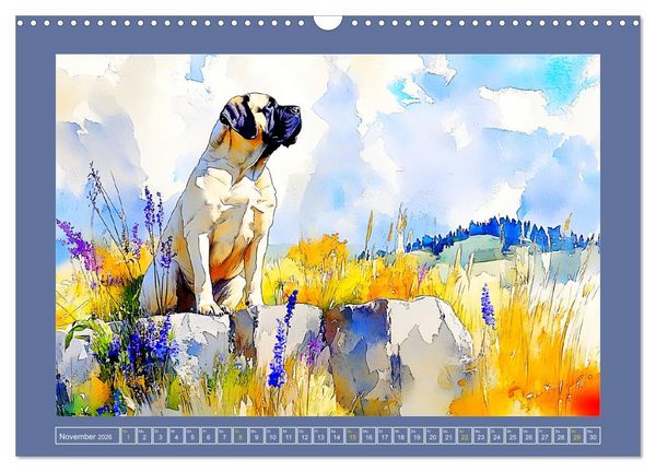 Produktbild: Majest&auml;tische English Mastiffs. Sanfte Riesen in Aquarell-Eleganz (Wandkalender 2026 DIN A3 quer), CALVENDO Monatskalender