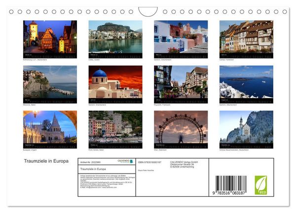 Produktbild: Traumziele in Europa (Wandkalender 2026 DIN A4 quer), CALVENDO Monatskalender