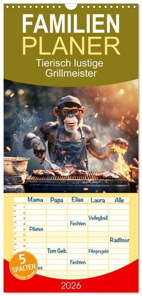 Produktbild: Familienplaner 2026 - Tierisch lustige Grillmeister mit 5 Spalten (Wandkalender, 21 x 45 cm) CALVENDO