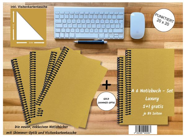 Produktbild: A 6 Notizbuch - Set, 5+1 gratis, Luxury 80 Seiten GOLD GMUND SHIMMER, punktiert 20x20mm
