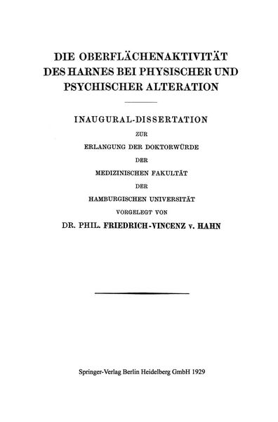 Produktbild: Die Oberfl&auml;chenaktivit&auml;t des Harnes bei Physischer und Psychischer Alteration