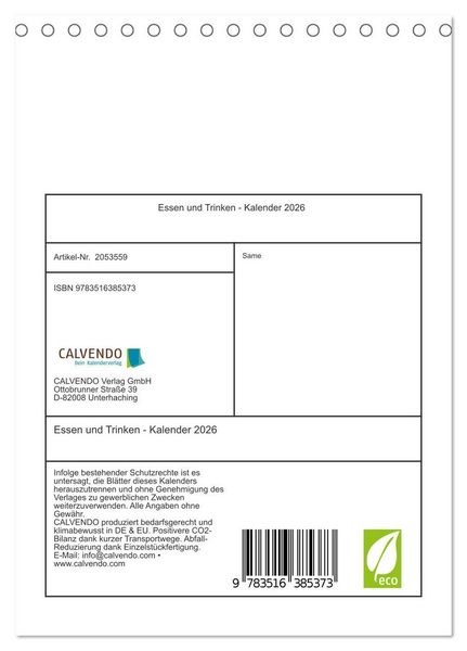 Produktbild: Essen und Trinken - Kalender 2026 (Tischkalender 2026 DIN A5 hoch), CALVENDO Monatskalender