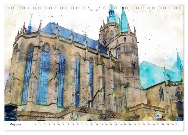 Produktbild: Erfurt - City views in watercolors (Wall Calendar 2026 DIN A4 landscape), CALVENDO 12 Month Wall Calendar
