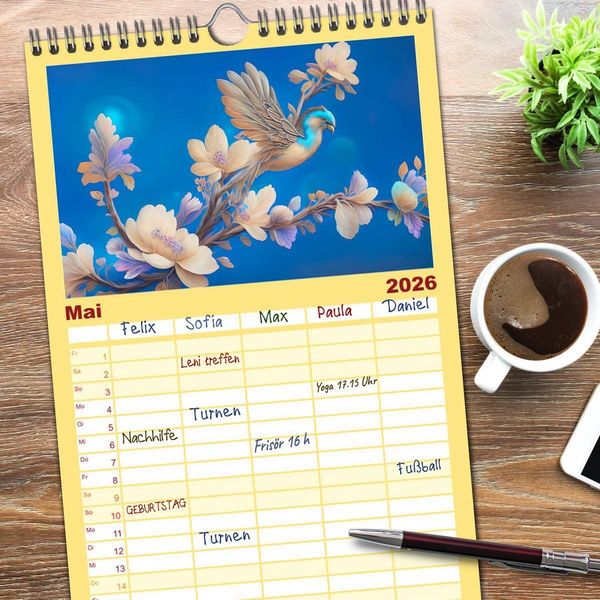 Produktbild: Familienplaner 2026 - Zauberhafte Paradiesv&ouml;gel mit 5 Spalten (Wandkalender, 21 x 45 cm) CALVENDO