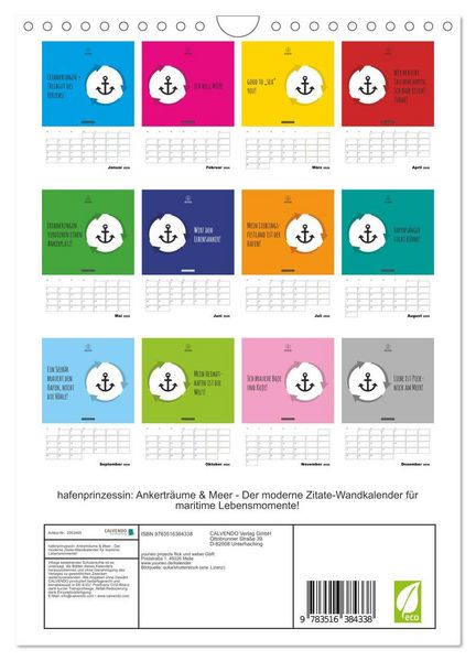 Produktbild: hafenprinzessin: Ankertr&auml;ume & Meer - Der moderne Zitate-Wandkalender f&uuml;r maritime Lebensmomente! (Wandkalender 2026 DIN A4 hoch), CALVENDO Monatskalender