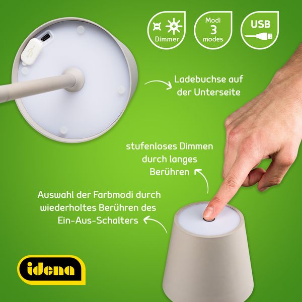 Produktbild: Idena LED Tischleuchte Touch Metall grau 11x24/38cm Akku USB dimmbar 3 Modi Innen und Au&szlig;en