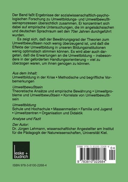 Produktbild: Befunde empirischer Forschung zu Umweltbildung und Umweltbewu&szlig;tsein