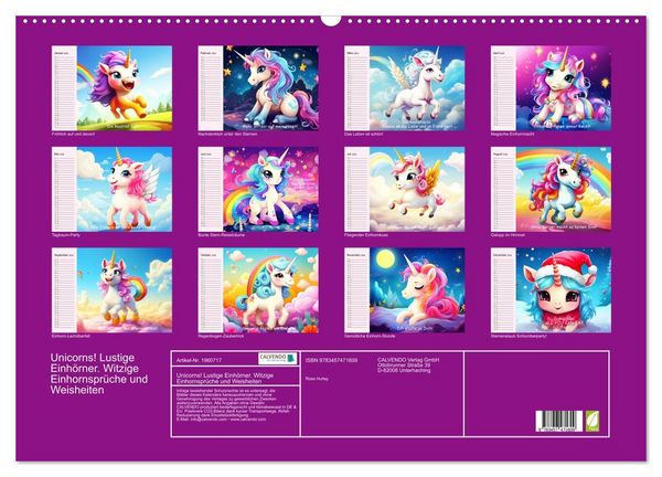 Produktbild: Unicorns! Lustige Einh&ouml;rner. Witzige Einhornspr&uuml;che und Weisheiten (Wandkalender 2026 DIN A2 quer), CALVENDO Monatskalender