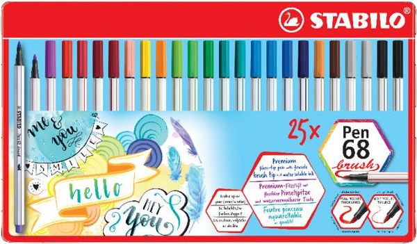 Produktbild: STABILO Premium-Filzstift mit Pinselspitze f&uuml;r variable Strichst&auml;rken -   Pen 68 brush - 25er Metalletui - mit 19 verschiedenen Farben