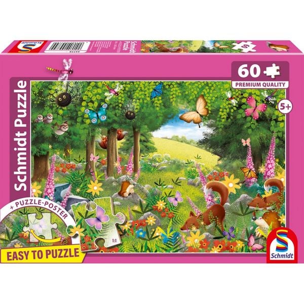 Schmidt 55779 - Füchse & Freunde, Easy to Puzzle, Kinderpuzzle mit Poster, 60 Teile