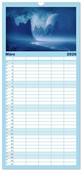 Produktbild: Familienplaner 2026 - Tr&auml;umereien in Blau mit 5 Spalten (Wandkalender, 21 x 45 cm) CALVENDO