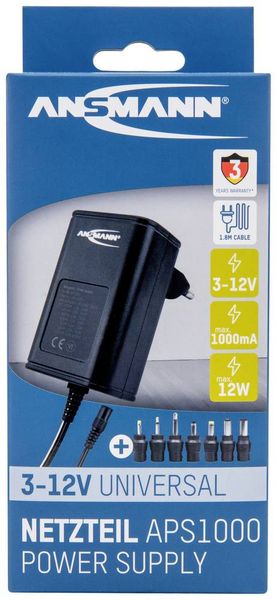 Produktbild: Ansmann 1201-0023 Steckernetzteil, einstellbar 12 V/DC, 9 V/DC, 7.5 V/DC, 6 V, 4.5 V/DC, 3 V 1000 mA 12 W
