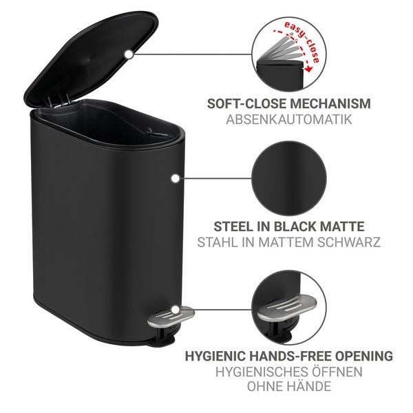 Produktbild: Kosmetikeimer Mod. Collungo, 5L, schwarz, Metall, 14x28,5x29,5 cm, easy-close Absenkautomatik