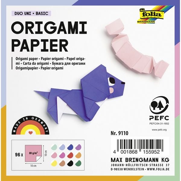 Produktbild: Folia Faltbl&auml;tter aus Origami Papier DUO UNI 80g/m&sup2;, 10x10cm, 96 Blatt, farbig sortiert