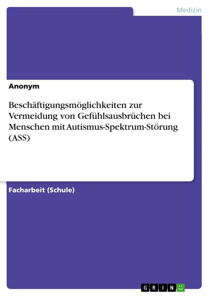 Produktbild: Besch&auml;ftigungsm&ouml;glichkeiten zur Vermeidung von Gef&uuml;hlsausbr&uuml;chen bei Menschen mit Autismus-Spektrum-St&ouml;rung (ASS)