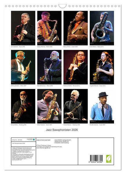 Produktbild: Jazz Saxophonisten 2026 (Wandkalender 2026 DIN A3 hoch), CALVENDO Monatskalender