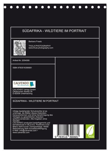 Produktbild: S&Uuml;DAFRIKA - WILDTIERE IM PORTRAIT (Tischkalender 2026 DIN A5 hoch), CALVENDO Monatskalender