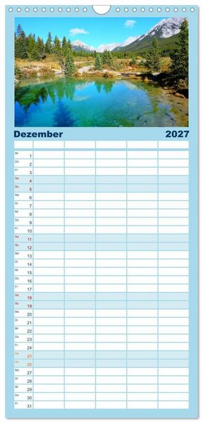 Produktbild: Familienplaner 2027 - Kanadas Rocky Mountains: Zwischen Gipfeln & glasklaren Seen mit 5 Spalten (Wandkalender, 21 x 45 cm) CALVENDO