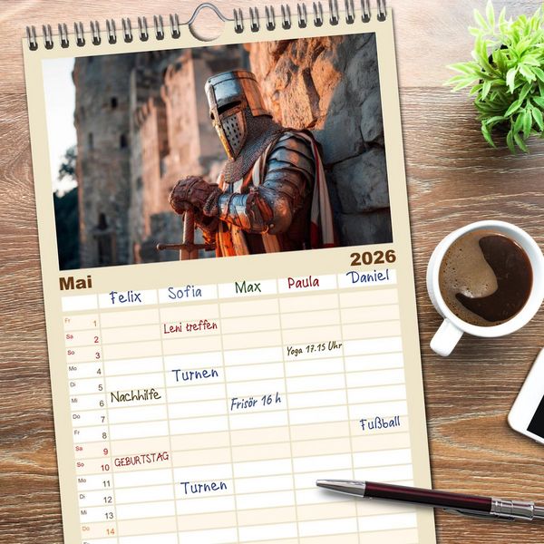 Produktbild: Familienplaner 2026 - Ritter - Legenden aus Stahl und Ehre mit 5 Spalten (Wandkalender, 21 x 45 cm) CALVENDO