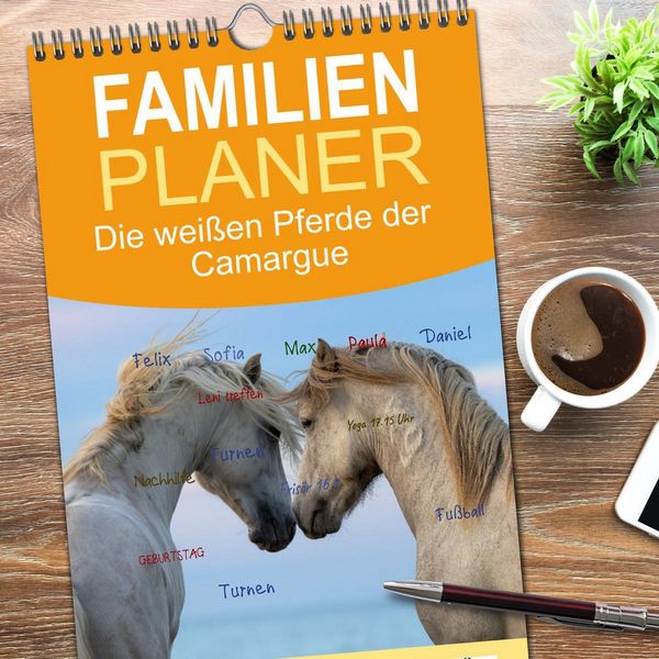 Produktbild: Familienplaner 2026 - Die wei&szlig;en Pferde der Camargue mit 5 Spalten (Wandkalender, 21 x 45 cm) CALVENDO