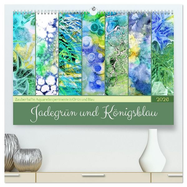 Produktbild: Jadegr&uuml;n und K&ouml;nigsblau - Zauberhafte Aquarellexperimente in Gr&uuml;n und Blau (hochwertiger Premium Wandkalender 2026 DIN A2 quer), Kunstdruck in Hochglanz