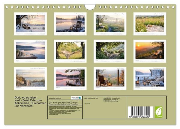 Produktbild: Dort, wo es leiser wird - Zw&ouml;lf Orte zum Ankommen, Durchatmen und Verweilen (Wandkalender 2027 DIN A4 quer), CALVENDO Monatskalender