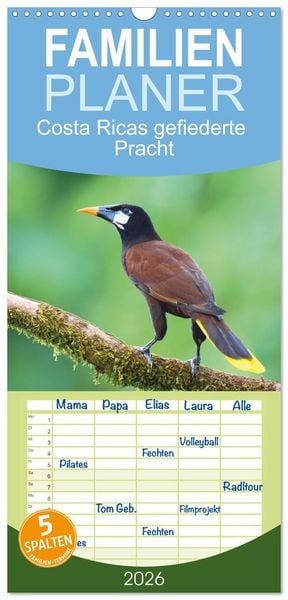 Produktbild: Familienplaner 2026 - Costa Ricas gefiederte Pracht mit 5 Spalten (Wandkalender, 21 x 45 cm) CALVENDO