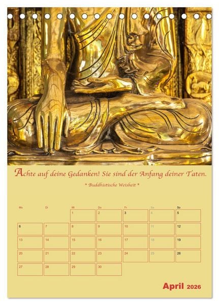 Produktbild: BUDDHA IN GOLD - Mit buddhistischen Spr&uuml;chen (Tischkalender 2026 DIN A5 hoch), CALVENDO Monatskalender