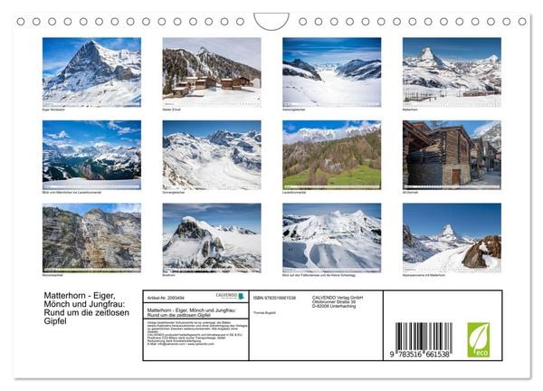 Produktbild: Matterhorn - Eiger, M&ouml;nch und Jungfrau: Rund um die zeitlosen Gipfel (Wandkalender 2026 DIN A4 quer), CALVENDO Monatskalender