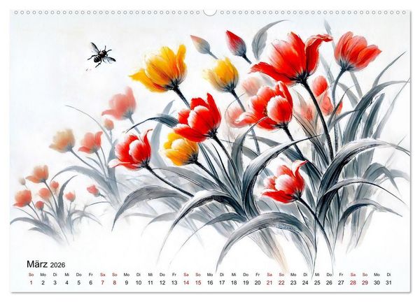 Produktbild: Bl&uuml;tentanz und Fl&uuml;gelschlag - Im Stile chinesischer Tuschmalerei (hochwertiger Premium Wandkalender 2026 DIN A2 quer), Kunstdruck in Hochglanz