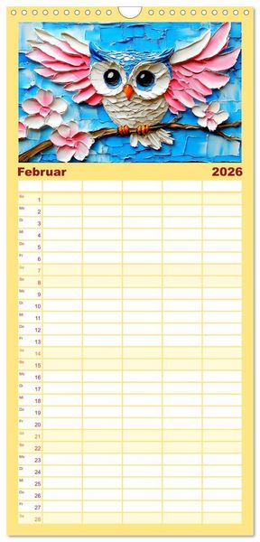 Produktbild: Familienplaner 2026 - Eulen. Entz&uuml;ckende Paintings mit 5 Spalten (Wandkalender, 21 x 45 cm) CALVENDO