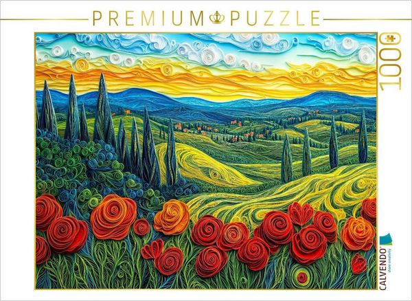 CALVENDO Puzzle Quilling Papierkunst Toskana Landschaft mit Zypressen Getreidefeldern und Mohnblumen | 1000 Teile Lege-Größe 64x48cm Foto-Puzzle für glückliche Stunden