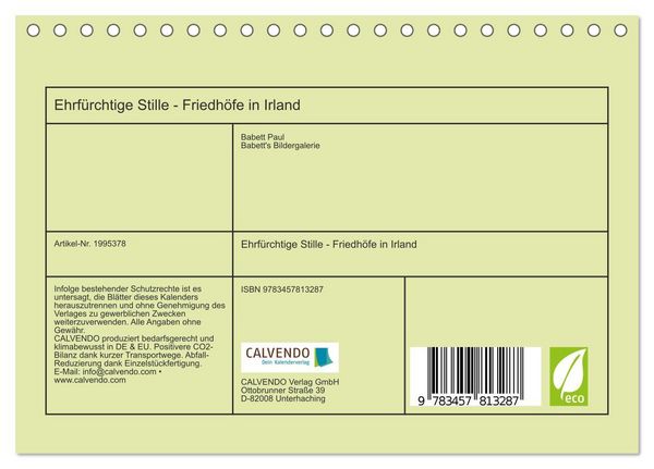 Produktbild: Ehrf&uuml;rchtige Stille - Friedh&ouml;fe in Irland (Tischkalender 2026 DIN A5 quer), CALVENDO Monatskalender