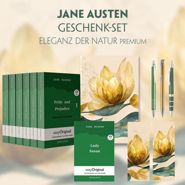 Jane Austen Geschenkset - 7 Bücher (Softcover + Audio-Online) + Eleganz der Natur Schreibset Premium