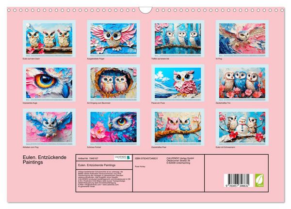 Produktbild: Eulen. Entz&uuml;ckende Paintings (Wandkalender 2026 DIN A3 quer), CALVENDO Monatskalender