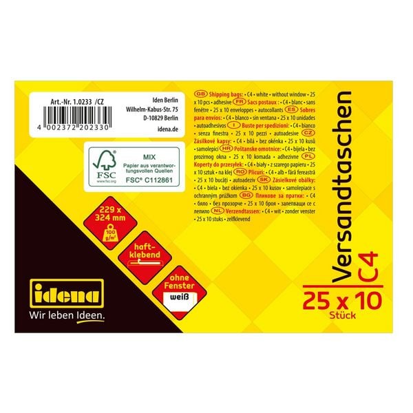 Produktbild: Idena Versandtaschen ohne Fenster haftklebend 100g/m&sup2; wei&szlig; DIN C4 10 St&uuml;ck