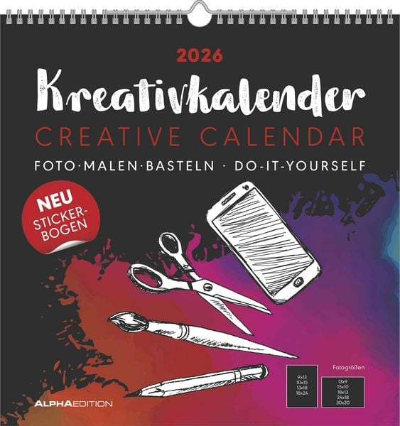 Produktbild: Kreativ-Kalender schwarz 2026 - 32 x 33 - Foto, Malen, Basteln - datiert - Kreativkalender - Foto-Kalender - Alpha Edition