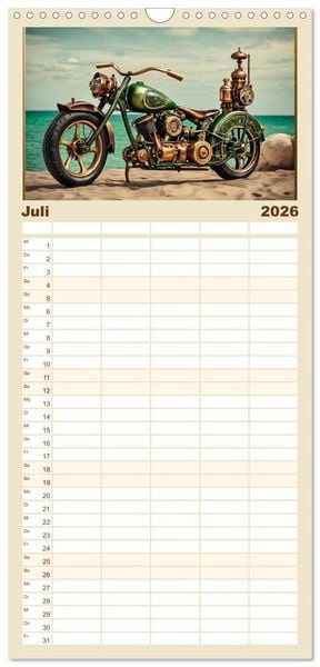 Produktbild: Familienplaner 2026 - Motorr&auml;der im Steampunk-Style mit 5 Spalten (Wandkalender, 21 x 45 cm) CALVENDO