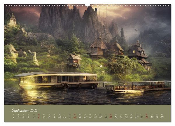 Produktbild: Romantische Fantasy Hausboote Magische Stimmungen in der D&auml;mmerung (hochwertiger Premium Wandkalender 2026 DIN A2 quer), Kunstdruck in Hochglanz