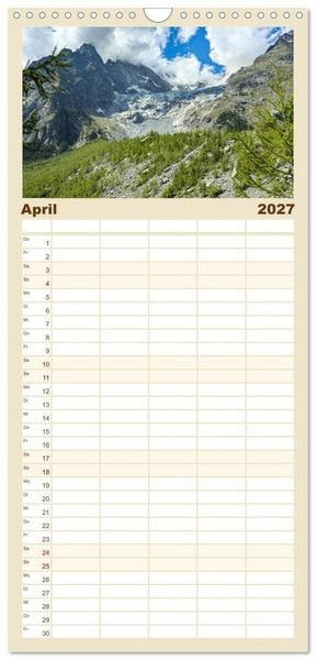 Produktbild: Familienplaner 2027 - TMB - Mont Blanc mit 5 Spalten (Wandkalender, 21 x 45 cm) CALVENDO