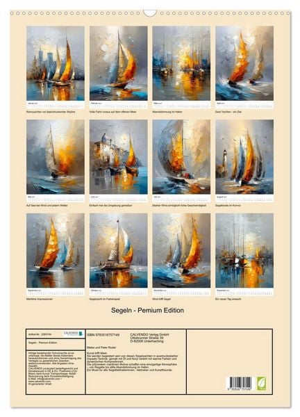 Produktbild: Segeln - Pemium Edition (Wandkalender 2027 DIN A2 hoch), CALVENDO Monatskalender