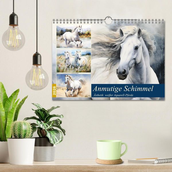 Produktbild: Anmutige Schimmel. &Auml;sthetik wei&szlig;er Aquarell-Pferde (Wandkalender 2026 DIN A4 quer), CALVENDO Monatskalender