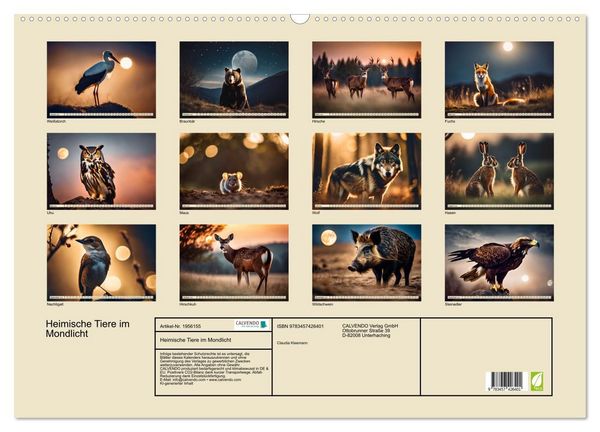 Produktbild: Heimische Tiere im Mondlicht (Wandkalender 2026 DIN A2 quer), CALVENDO Monatskalender