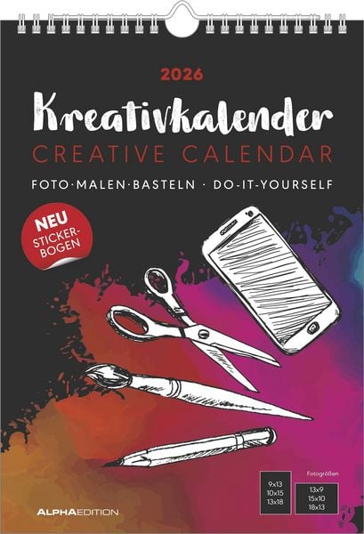 Produktbild: Kreativ-Kalender A4 schwarz 2026 - 21 x 29,7 - Foto, Malen, Basteln - datiert - Kreativkalender - Foto-Kalender - Alpha Edition