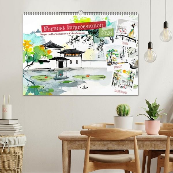 Produktbild: Fernost Impressionen - Tempel und Landschaften in KI-Tuschekunst (Wandkalender 2026 DIN A2 quer), CALVENDO Monatskalender